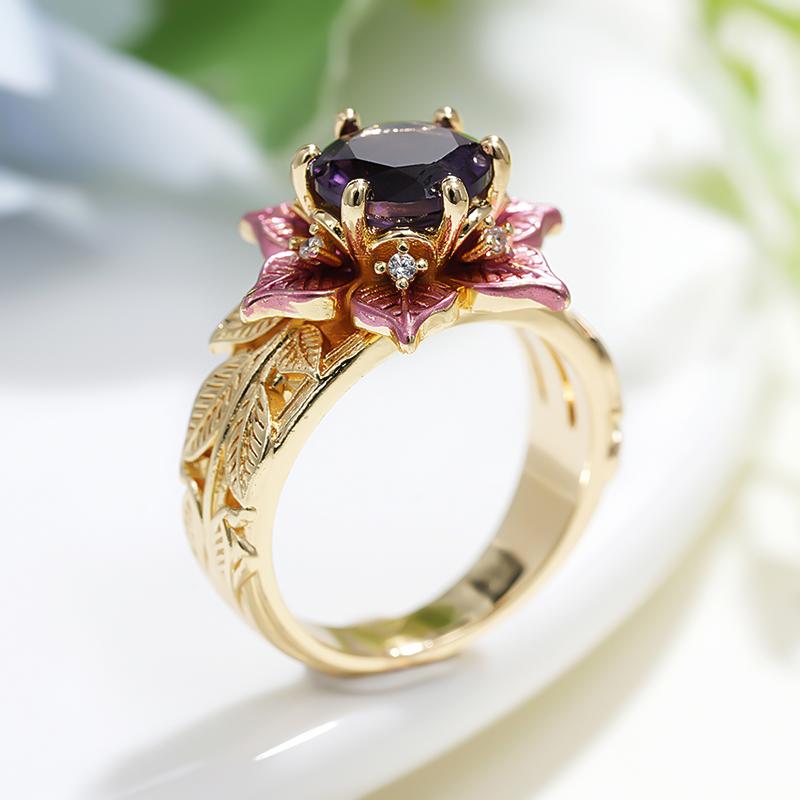 Huitan Two Tone Women Ring Flower Design Luxury Wedding Inlaid Sparkling Purple CZ Party Accessories Fashion Lady Jewelry Gift