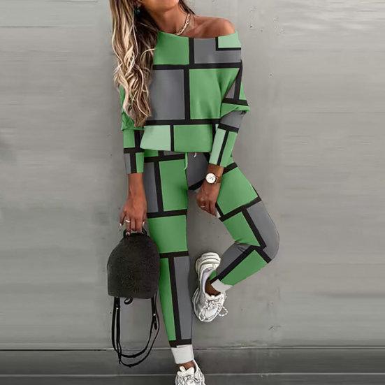 2 Pcs/Set Women Top Pants Suit Color Matching Off Shouder Long Sleeve Loose Elastic Waist Patchwork Women Spring Fall T-shirt Trousers Set Lady