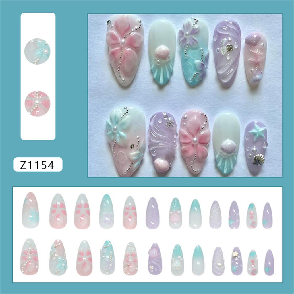 24PCS Press On Nail With Holographics Seashells Accents Gradient Pink Ombres Design Reusable Artificial Nail ABS Material Multi Size Selection