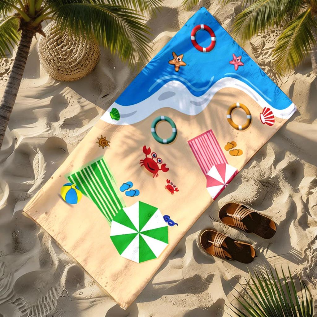 Cartoon Summer Seaside Beach Polyester Microfiber Beach Towel Is Highly Absorbent, Suitable for Swimming and Beach Outings