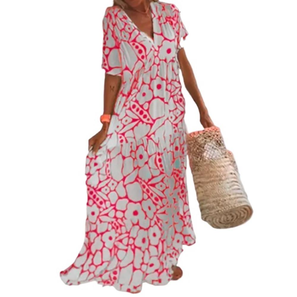 HNXC Women's Fashion Summer Spring Floral Print Short Sleeve V-Neck Casual Dresses