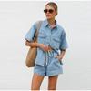 Casual Denim Shorts Woman's Set Versatile Lapel Loose Single Breasted Cowboy Shirt Drawstring Pants Sets Female Two Piece Sets