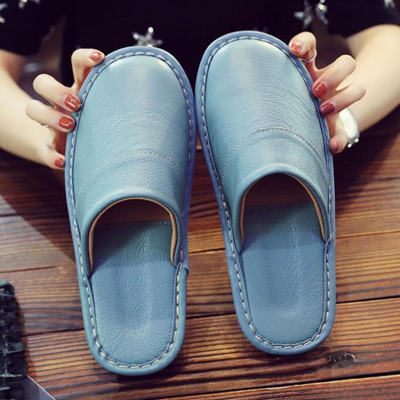 Spring Autumn Indoor Shoes Men's Woman Slippers Plus Size 35 46 Man Concise Brown Simple Leather Home Slippers For Men