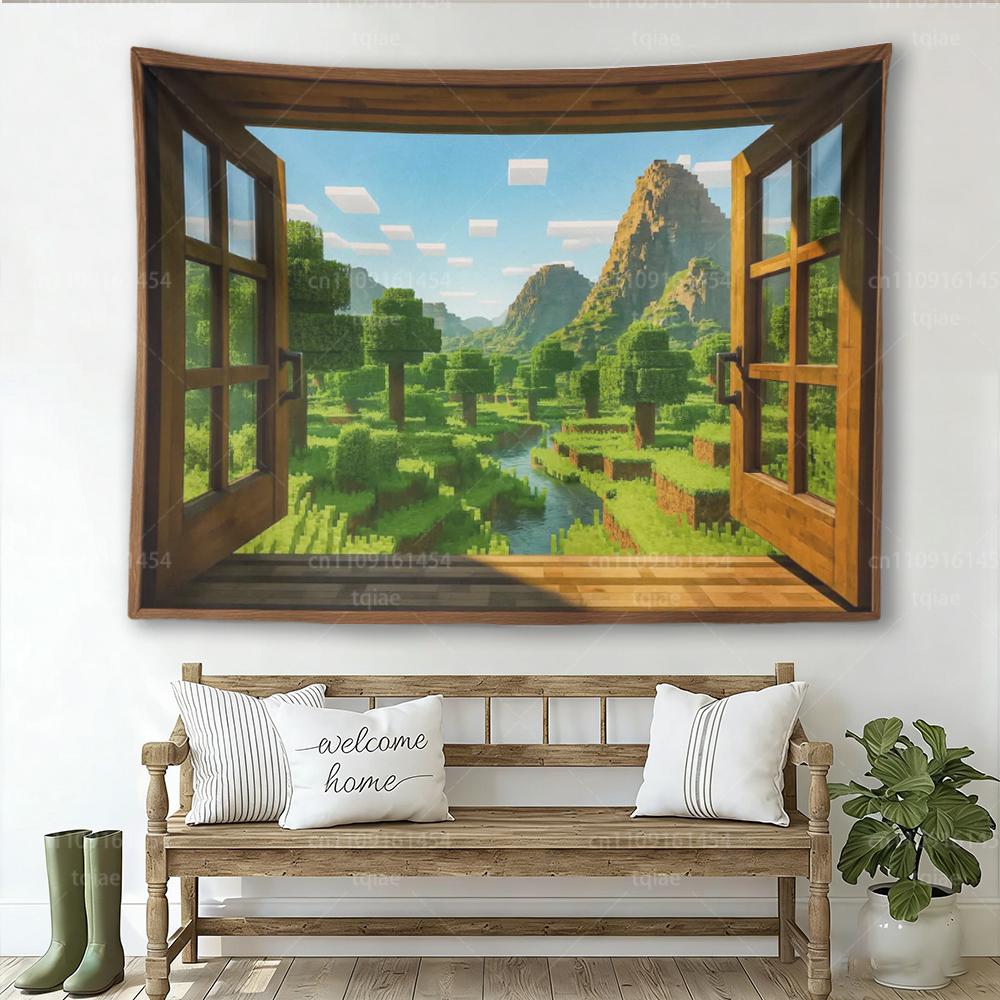 Pixel Window Landscape Tapestry Game Room Wall Art for Home Bedroom Decor