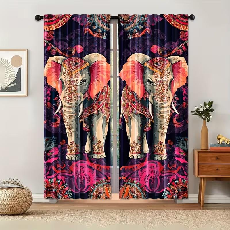 Set Of 2 Retro Elephant Print Curtains Suitable Bedroom Living Room Kitchen Decoration Home Window Made Polyester Area Treatment
