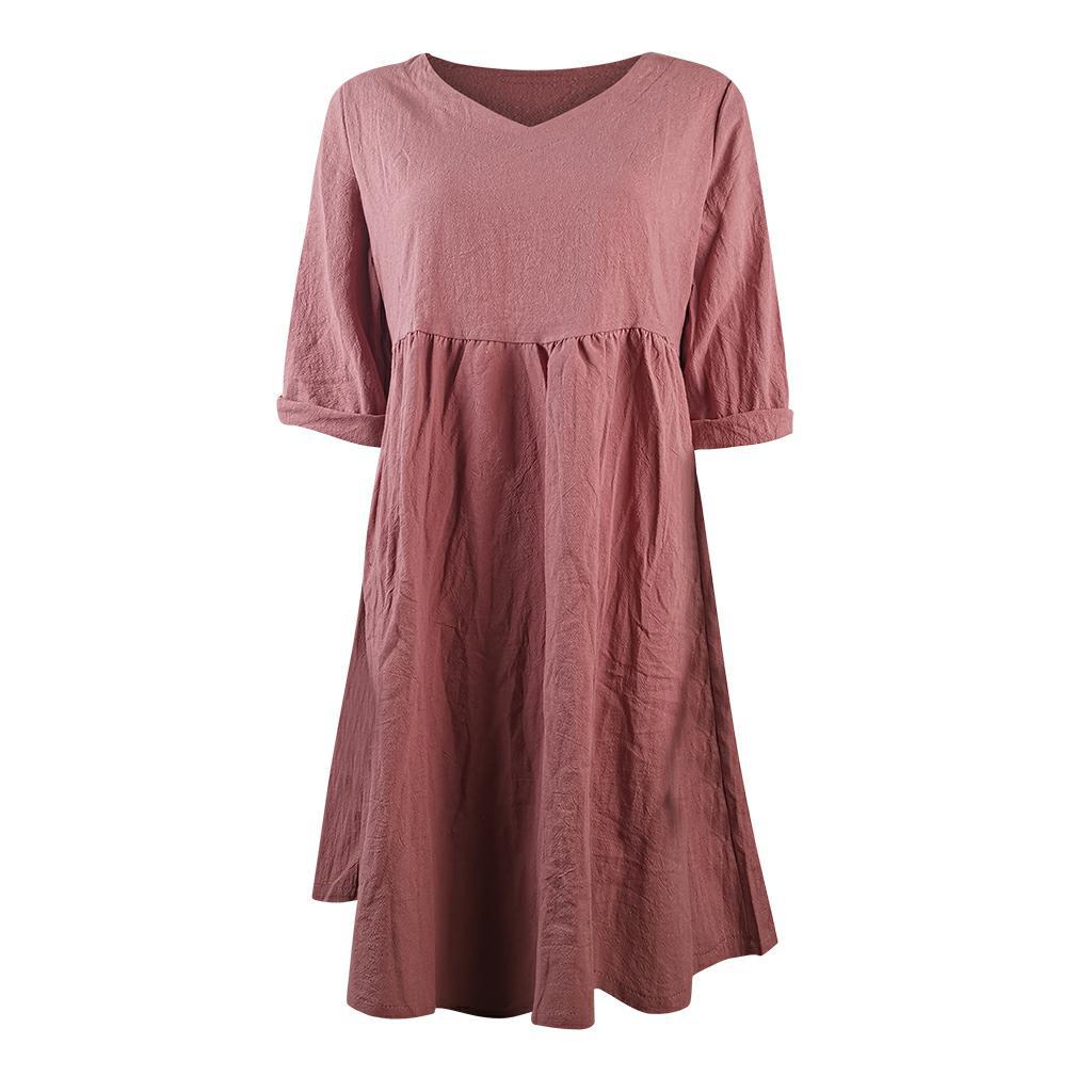 GMXIA Summer 3/4 Sleeves V-Neck Mid-Length Loose Dress