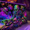 Leuchtet im Dunkeln Totenkopf DJ Wandteppich, Schwarzlicht Party Wandkunst mit Neon-Palmen für Schlafzimmer & Club