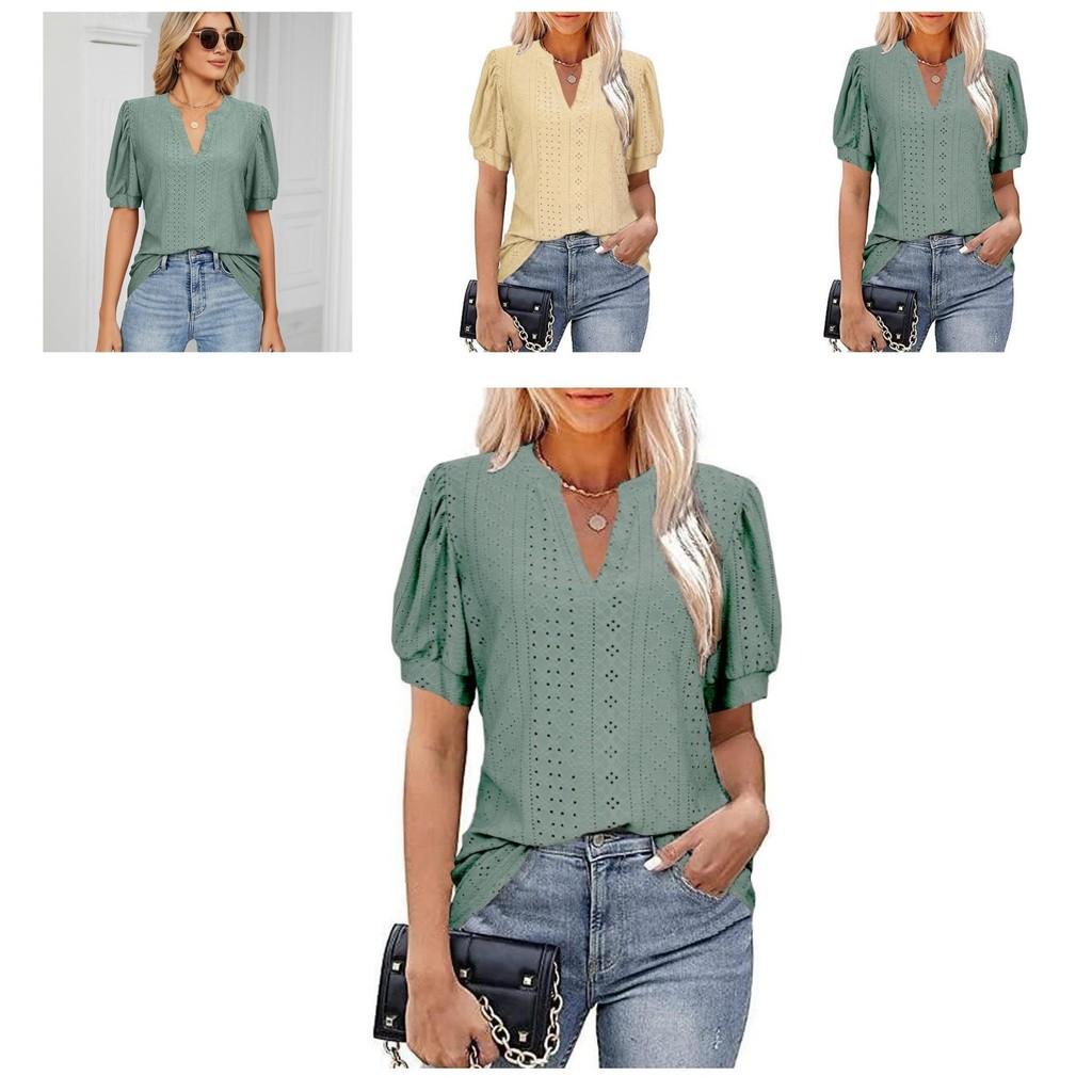 Women's V-neck Tops Short Sleeve T-shirts With Cut Out Lace Detail