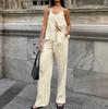 Spring and Summer Women's Fashion Design Casual Lace-up Top High-waisted Wide-legged Trousers Two-piece Set