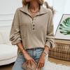 Women Tops Lapel Buttons Half Placket Long Sleeve Patch Pocket Pullover Tops Solid Color Loose Fit Knitting Tops