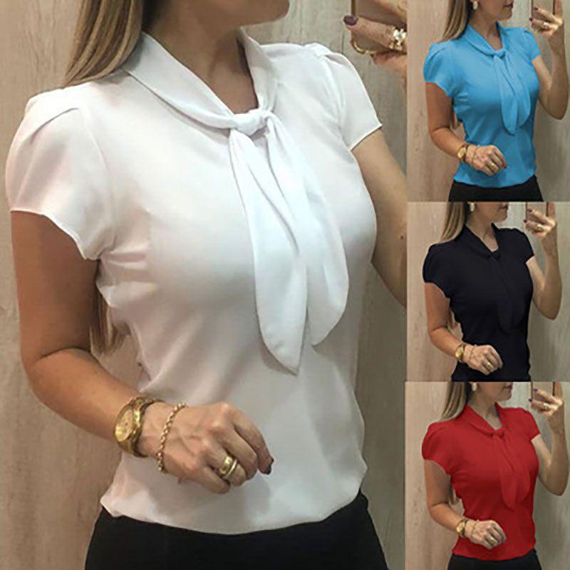Elegant Women Short Sleeve Bow Chiffon T Shirt Blouse With Breathable Comfort For Ladies