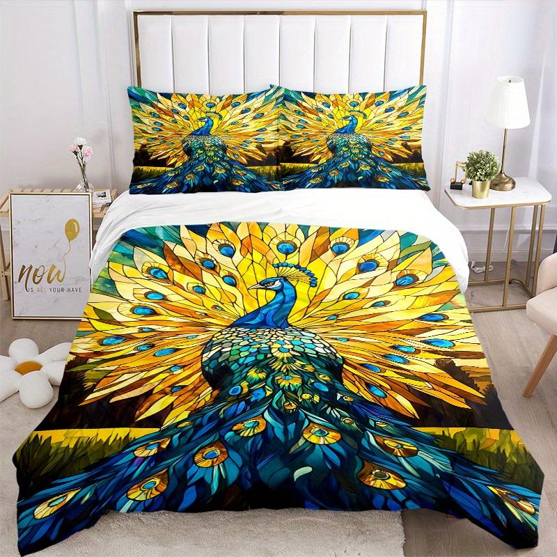 3pcs Peacock StainedGlass Bedding Cover Set, Fashion Classic Popular Print Bedding Set, Soft Comfortable, All Season Use, For Bedroom, Guest Rooma