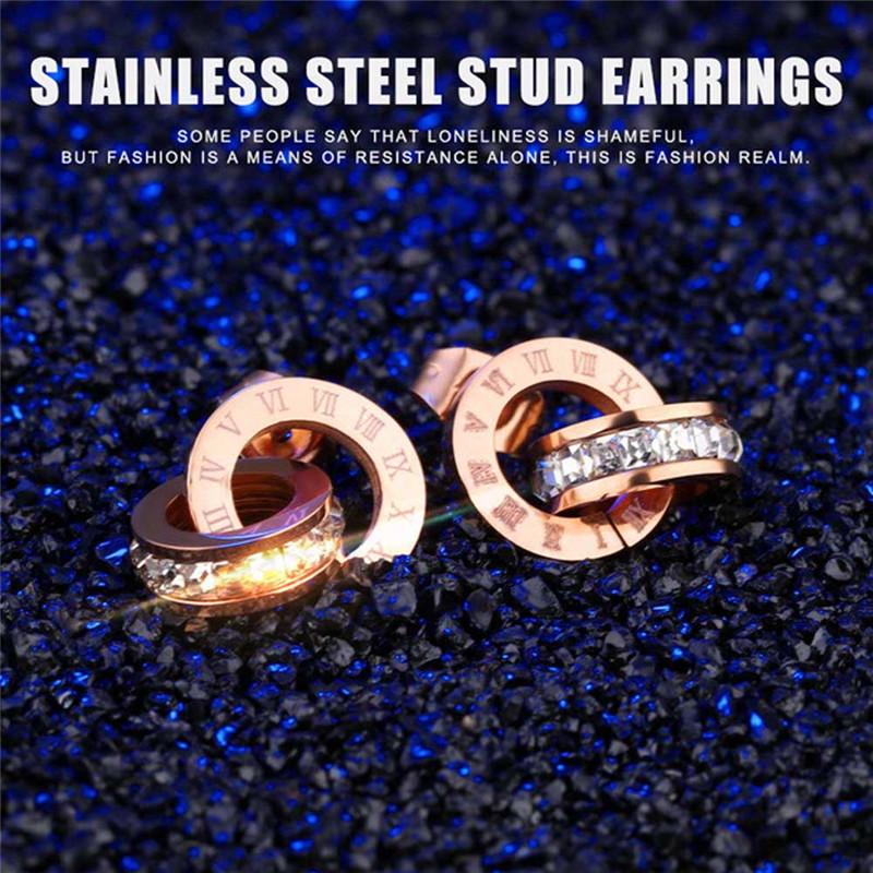 Small Square Drill Roman Numerals Hollow-out Double Ring Circles Titanium Steel Rose Gold Earrings