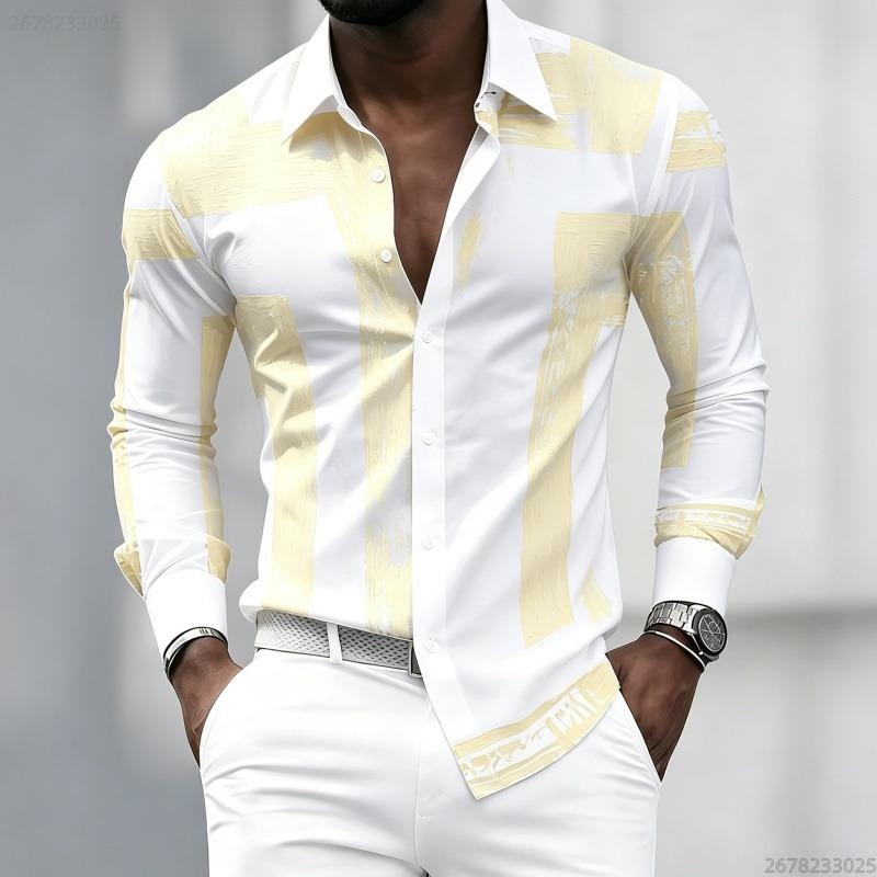Men's black and white geometric coarse stripe printed long sleeved lapel shirt, retro slim fit shirt, trendy casual men's top