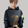 Boys' 3D Football Printed Hoodie - Black and Gold Football Design, Casual Sports Hoodie with "7" and Football Pattern On It