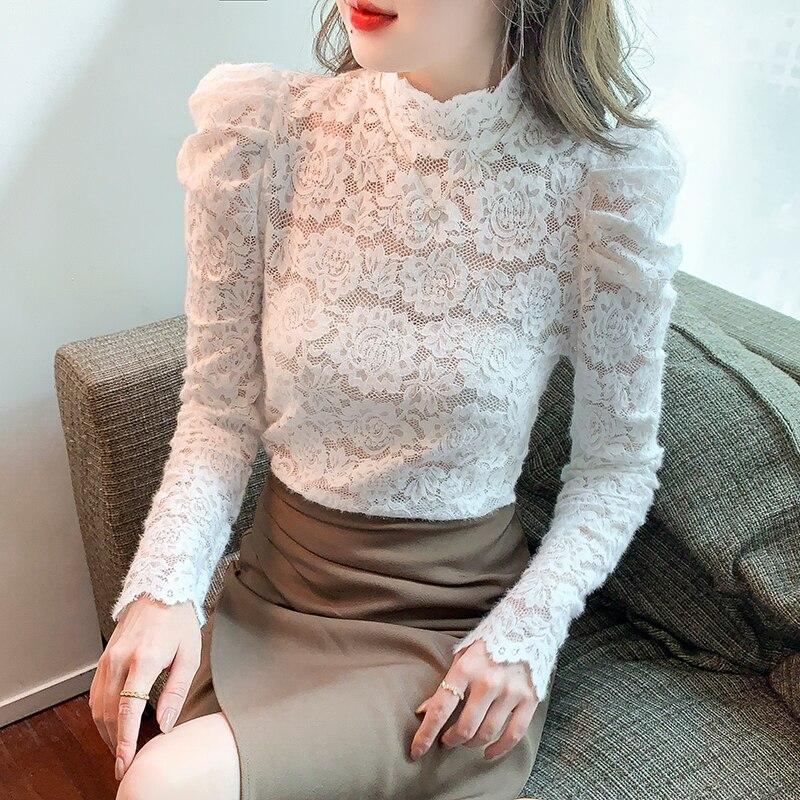 2023 Autumn Stand Collar Lace Crochet Blouse Women Elegant Puff Long Sleeve Bottom Tops Mujer Hollow White Ladies Shirts 29175
