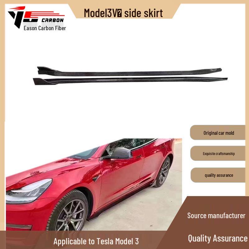Fits Tesla Model 3, 2018+: V-style carbon fiber side skirts, rocker panels, and foot pedals.