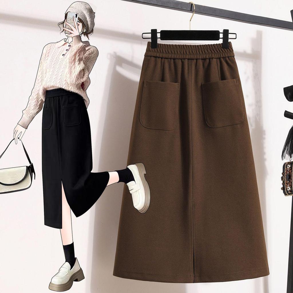 Jupe Mi-longue Unie pour Femme avec Poches et Fente Arrière - Élégante Printemps/Automne, Taille Élastique, Longueur Moyenne, Style Mature