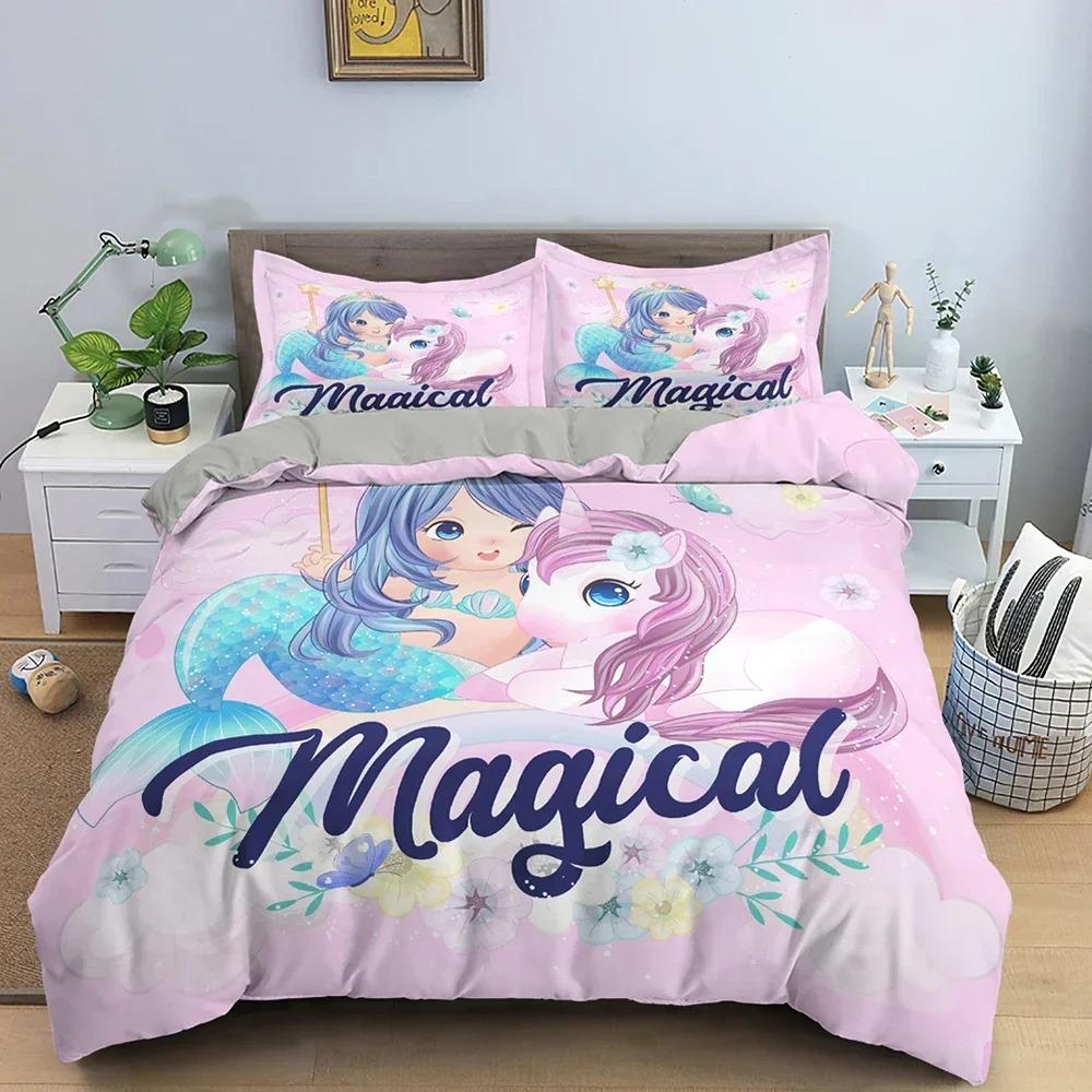 Set Biancheria da Letto Sirenetta Per Bambine Carino Cartone Animato Copripiumino Coperture Piumino Camera da Letto Bambini Matrimoniale Queen Size Tessile per la Casa 2/3 Pezzi