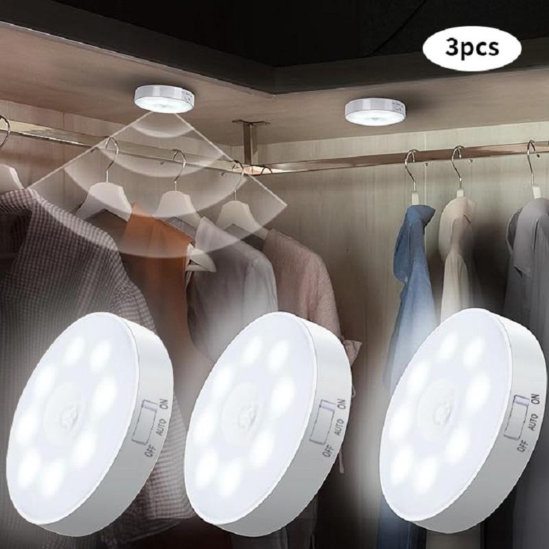 3 יחידות חיישן תנועה LED לילה אור USB נטענת מנורת לילה עבור ארון מטבח מנורת ארון בגדים תא מדרגות אור ארון אלחוטי