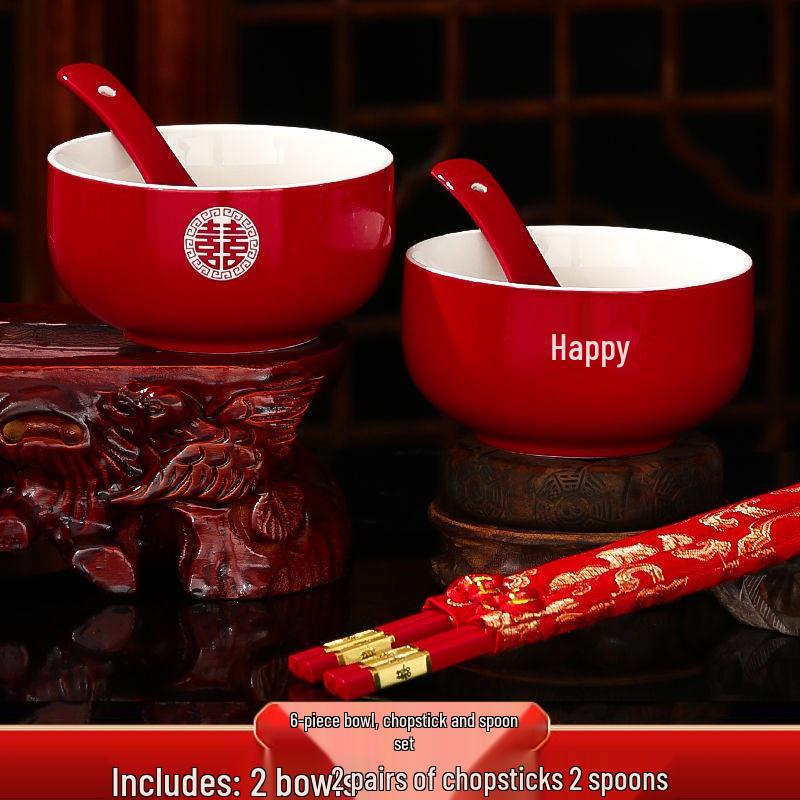 Red Wedding Tea Set: Cup & Bowl Pair with Chopsticks - Perfect for Dowry & Toasting