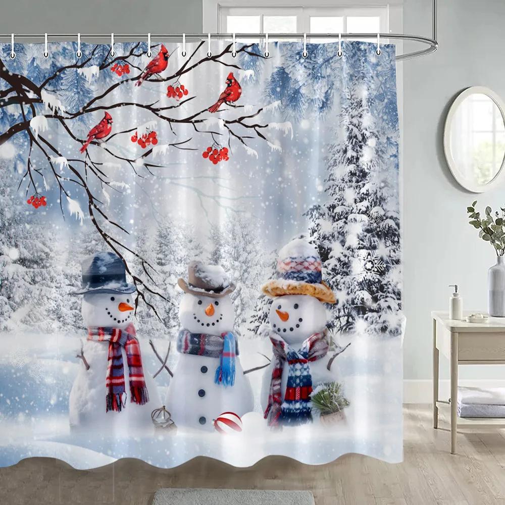Winter Christmas Shower Curtain Funny Snowman Xmas Trees Fireplace Truck Forest Snowy Scene New Year Holiday Home Bathroom Decor