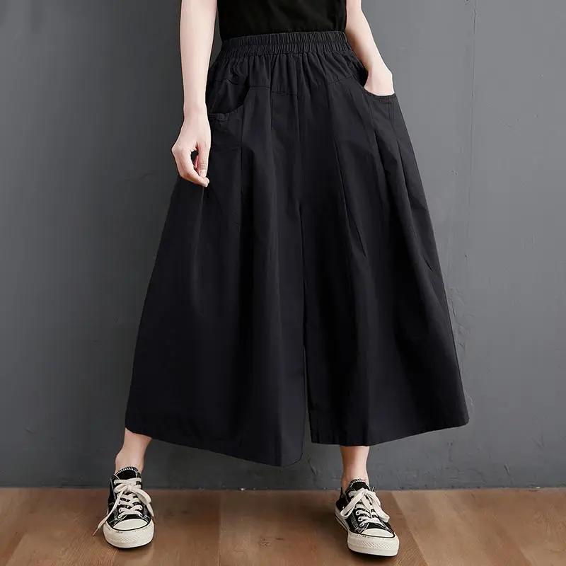 Summer Cotton Wide Leg Pants Women  Vintage Style Solid Color Loose Female Ankle-length Casual Pants