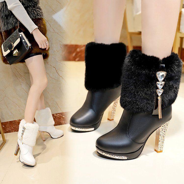 Bottes d'hiver chaudes en fourrure pour femmes, chaussures d'hiver neuves, bottines à plateforme, bottes à talons hauts en strass à la mode