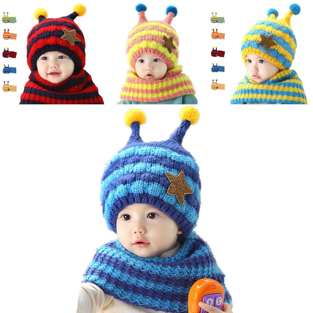 Warm Winter Kids Hat With Fleece Ear Muffs Big Star Design Scarf Set Striped Woolen Material Blue Yellow Orange Red Pink
