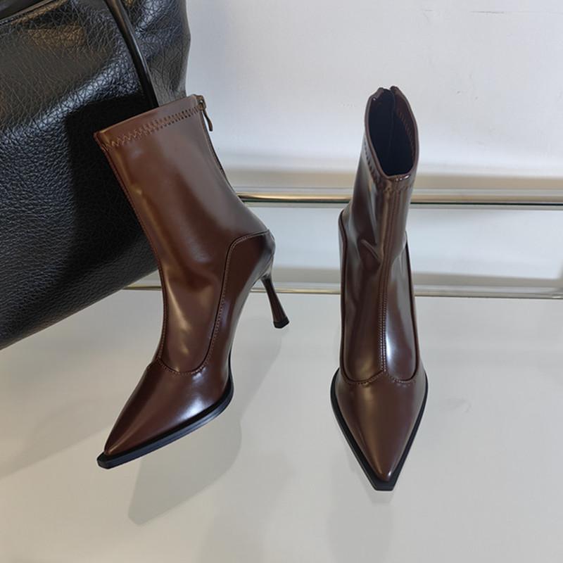 High Heel Short Boots Women'S Autumn And Winter Korean Versatile Pointed Ankle Boots Skinny Boots French Retro Brown Short Boots