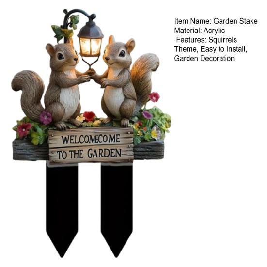 Two Squirrels Decorative Garden Stake, Welcome To The Garden Acrylic Yard Art, Street Lamp Squirrel Welcome Sign for Outdoor Yard Lawn Pathway