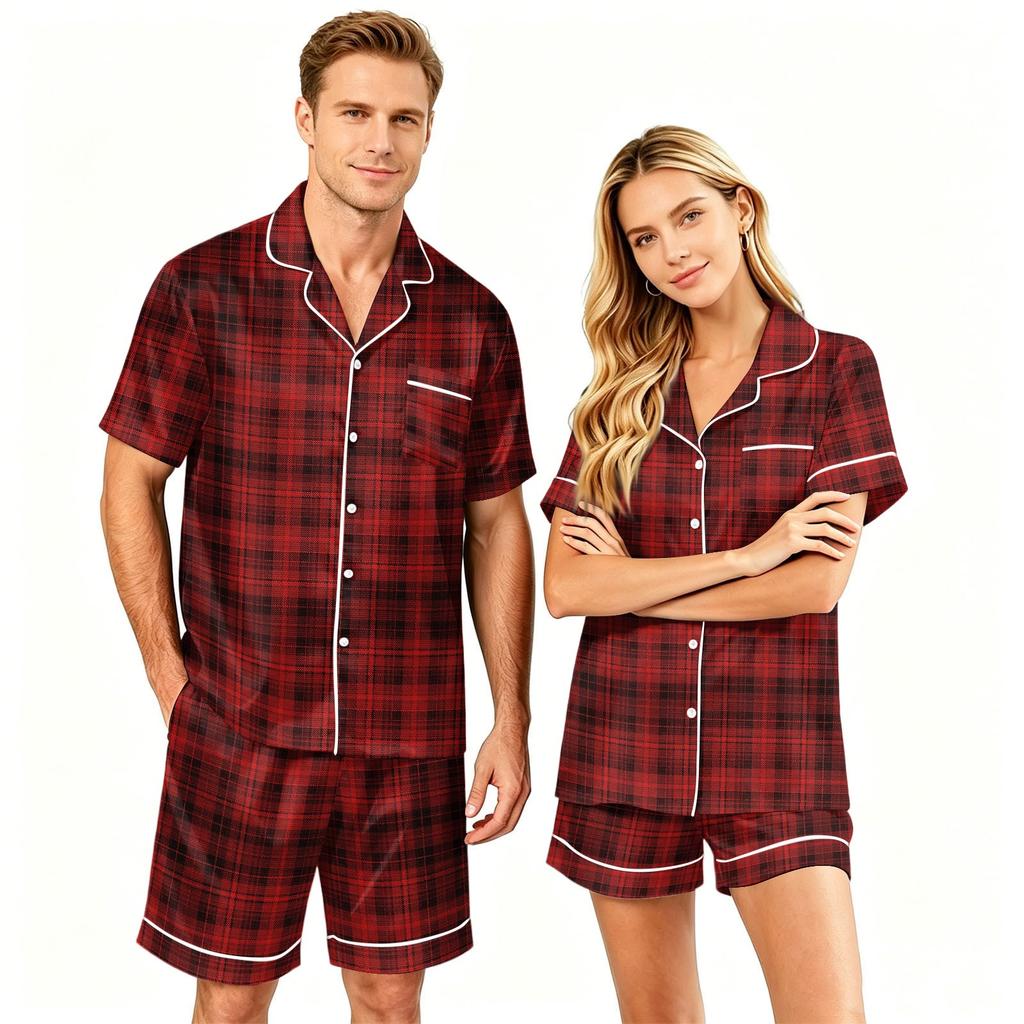 Matching Couples Pajama Set - Short Sleeve Button Hem Top and Shorts - Soft Casual Sleepwear Loungewear for Men Women Sizes S to XXXXL