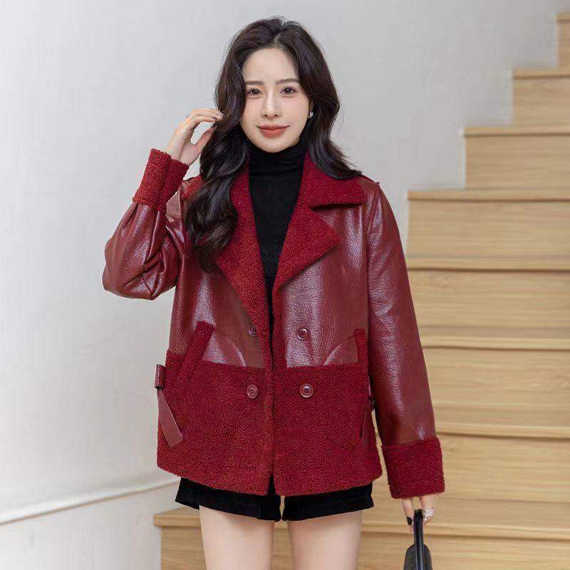 Leder Damen Plus Samt Verdickt Herbst- und Winterkleidung Locker Winter Westernstil Kurze Damenlederjacke beidseitig