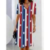Ladies Vintage Color Block Star Print Dress Summer V-Neck Short Sleeve Casual Mini Dress Retro Striped Print Gown