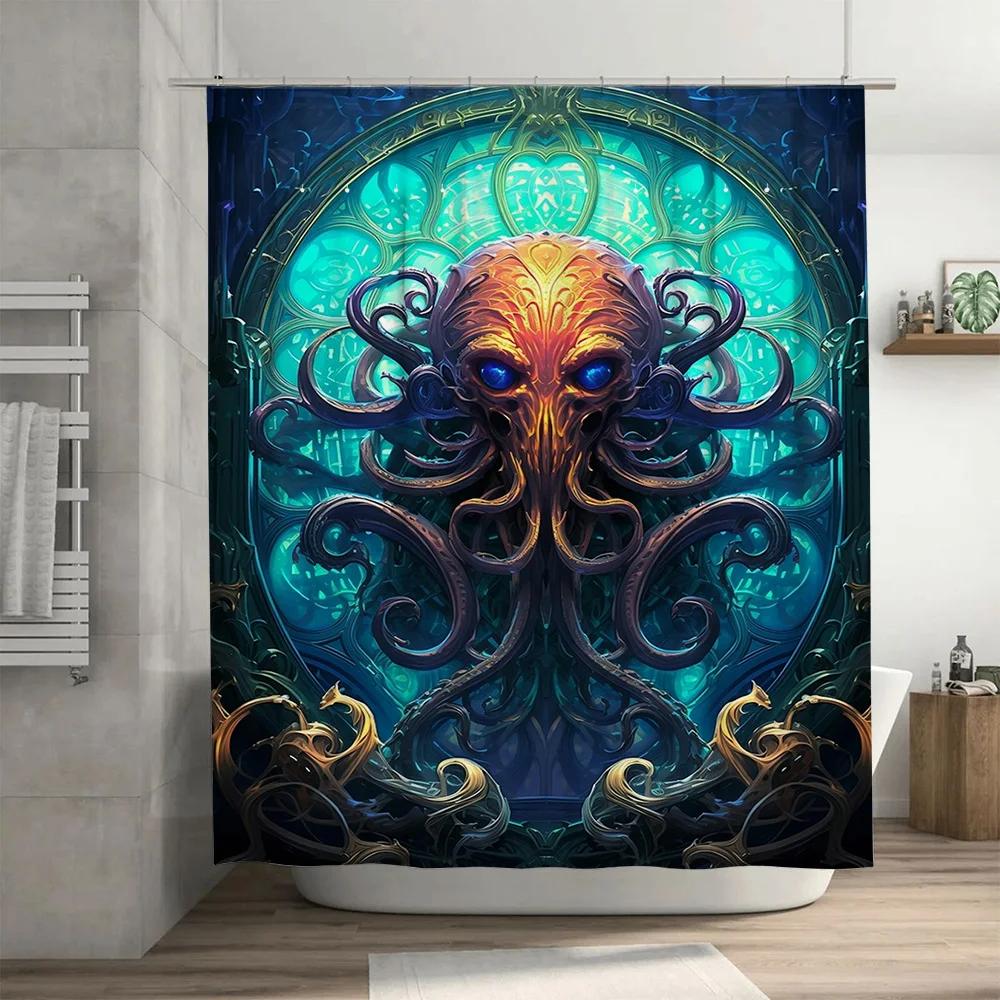 Stylish Blue Octopus Shower Curtain Modern Bathroom Decor for Bathrooms Showers Waterproof Fabric with Hook Rings