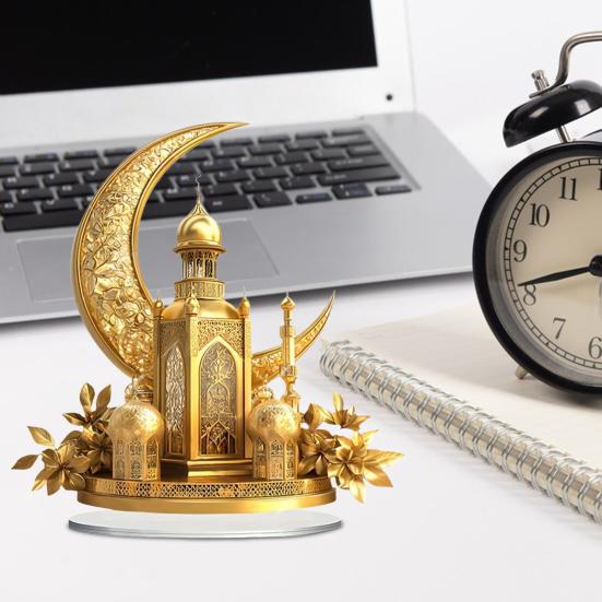 Yousheng Acrylic Moon Castle Ornament 2D Flat Golden Crescent Moon Mosque Table Sign Holiday Party Home Office Living Room Bedroom Desktop Decoration