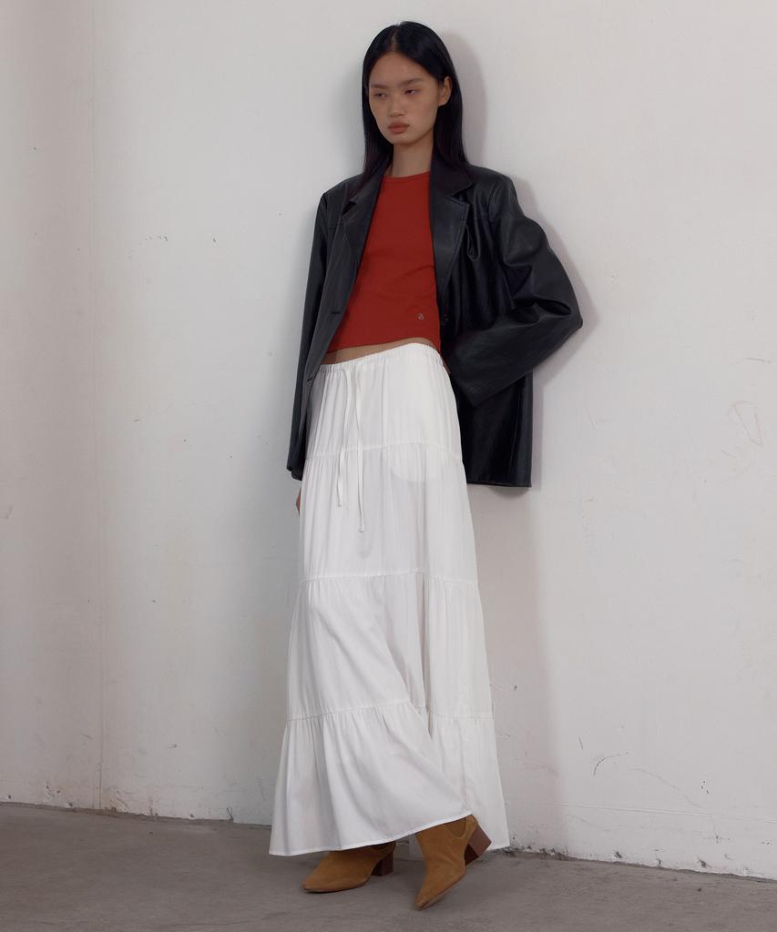 38 Come On Common Shirring Tiered Banding Skirts (White) - Short Length