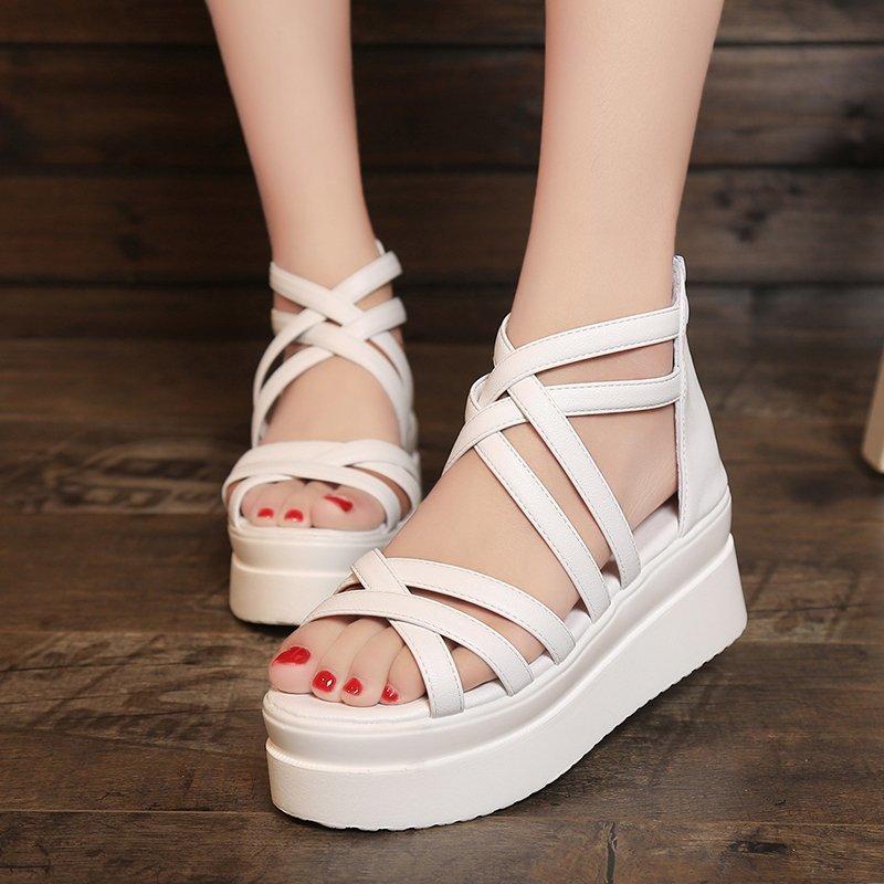 Thick Bottom Roman Sandals Women Summer New Cross Strap Back Zipper Open Toe Casual
