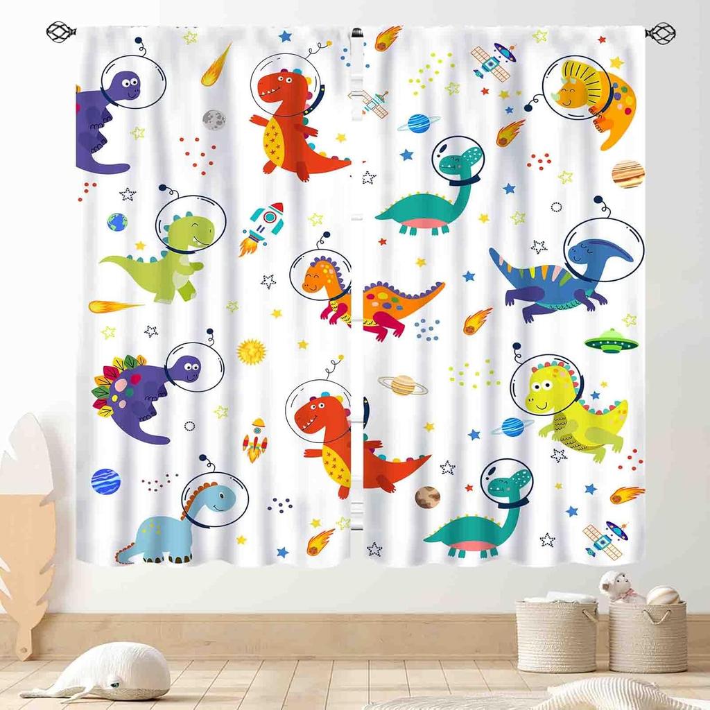 Kids Dinosaur Curtains For Boys Room, Cartoon Dino Funny Cute Dinosaur Safari Animals Colorful Window Treatments Drapery For