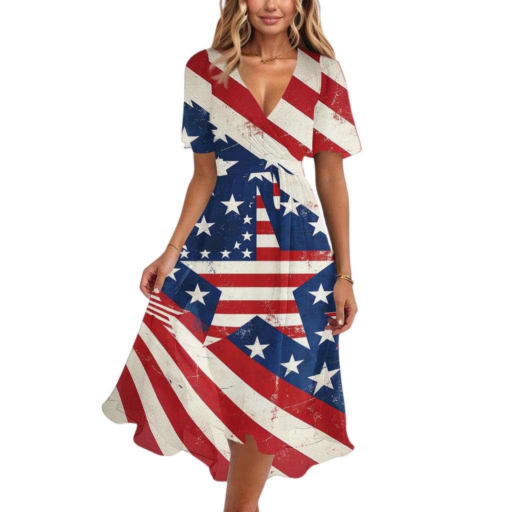 Summer Dresses for Women 2026 Short Sleeve V Neck Waist Defined Casual Holiday Flag Inspired Maxi Dress