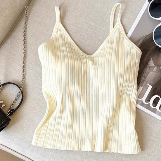 V Neck Tank Top for Women Double Lined Ribbed Sleeveless Basic Shirts with Built-in Bra Summer Padded Going Out