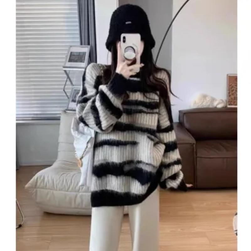 Autumn New Long Sleeve Soft Mohair Sweater Women Winter Warm Round Neck Striped Pullover Sweaters for Women Fashion Elegant Plus Size Knitwear 24786