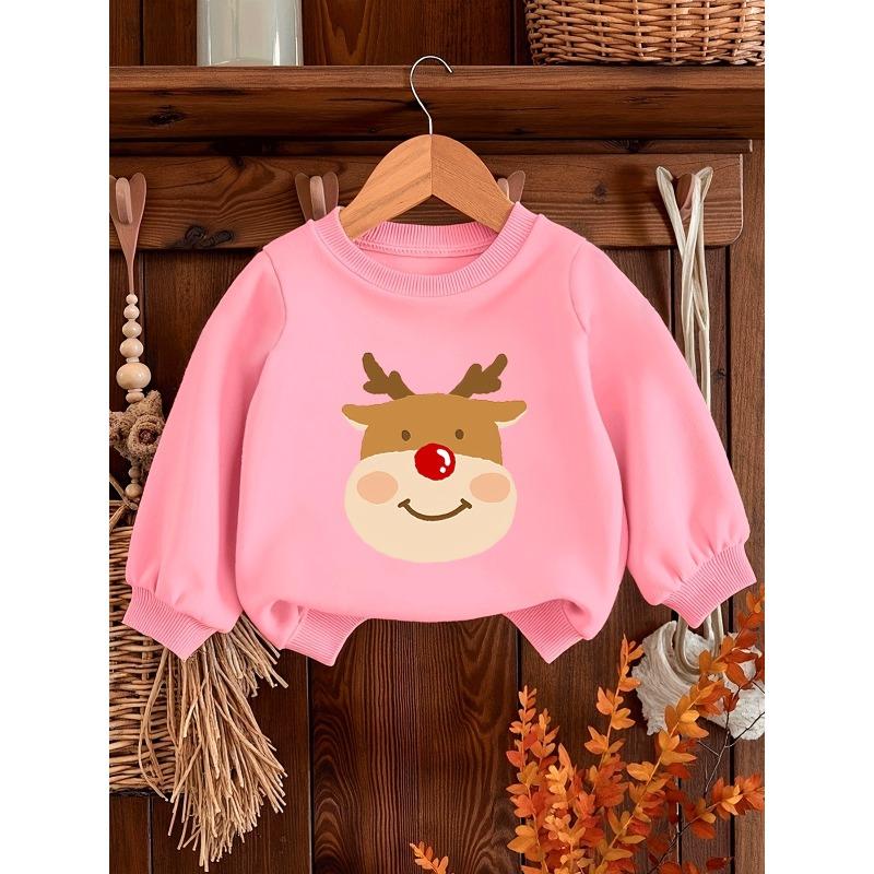European Size Christmas Reindeer Print Pattern, Comfortable Thin Round-Neck Sweatshirt for Baby Girls in Spring And Autumn