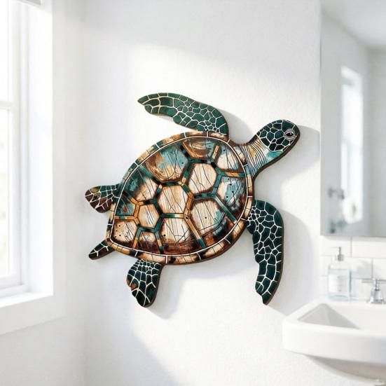 Coastal Sea Turtle Wall Art Ocean Beach Theme Wood Wall Sculpture Vintage Turtle Wall Decor for Living Room Bedroom Bathroom Office