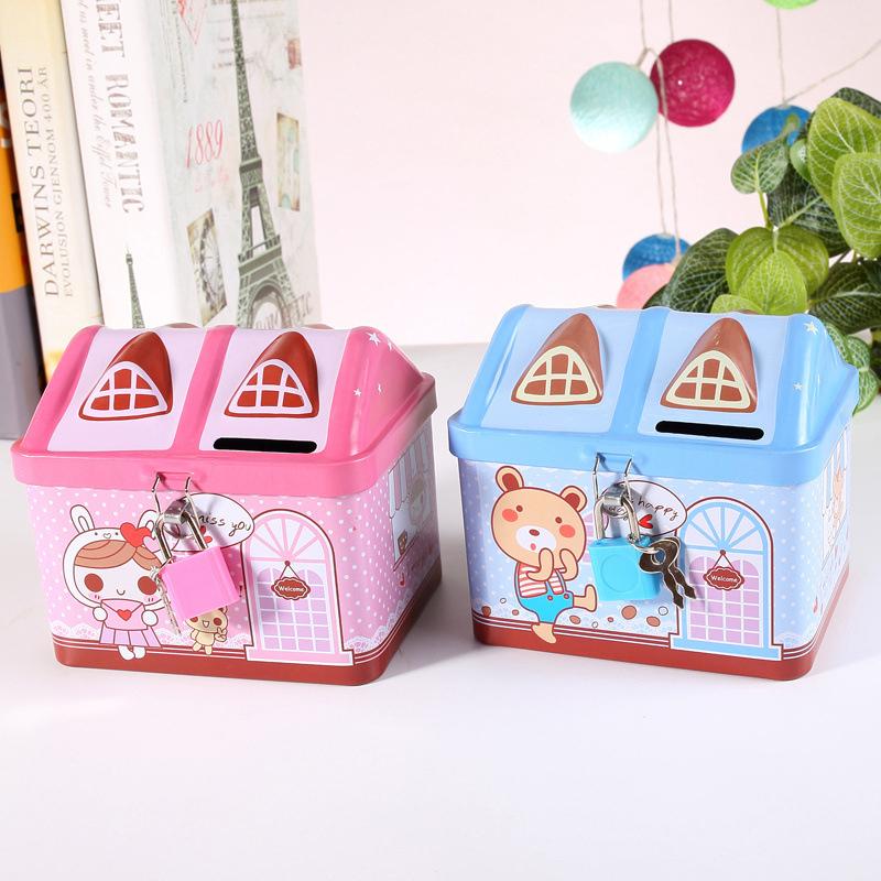 Cute Bear House Coin Box Creative Metal Bank Currency Box Coin Bank Children'S Savings Tank Birthday And Christmas Gift Rabbit