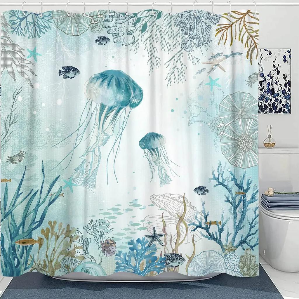 Jellyfish Shower Curtain Blue Magic Underwater Sea Life Shower Curtains Funny Aquatic Bathroom Curtains Bath Screen,Waterproof