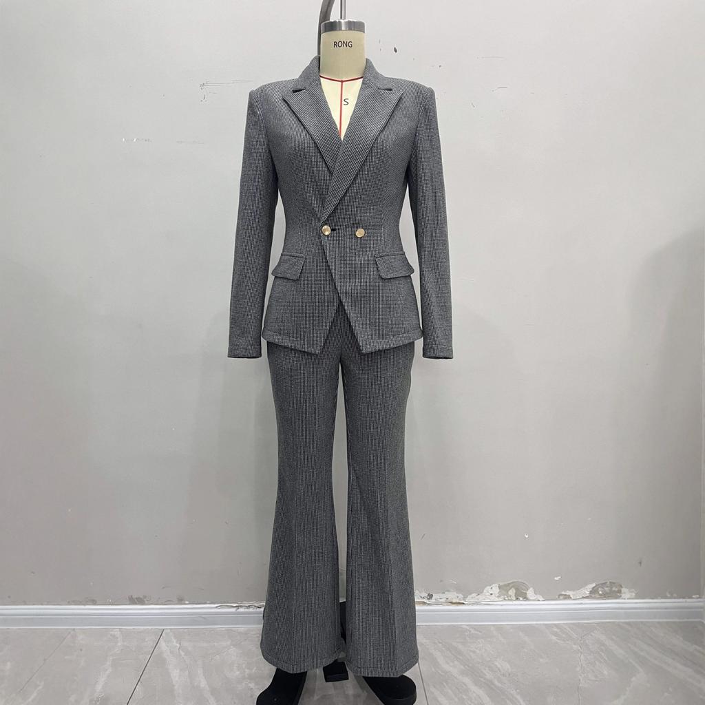 European and American professional set, elegant autumn/winter suit bell-bottom pants two-piece set, women's gray plaid formal wear set