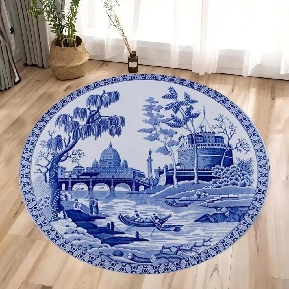 Chinese Blue and White Porcelain Style Circular Carpet Living Room Rug Anti Slip Dirt Resistant Mat Home Decoration