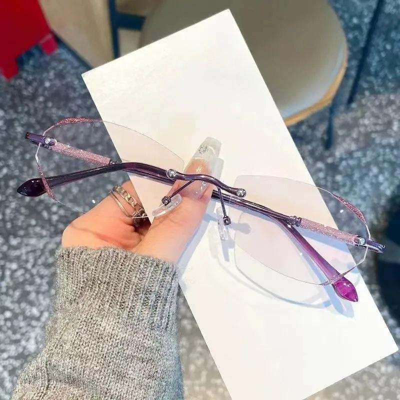Women Rimless Presbyopia Glasses Anti Blue Light Diamond Cut Reading Eyeglasses Finished Optical Eyewear Diopter +1.0 To +4.0