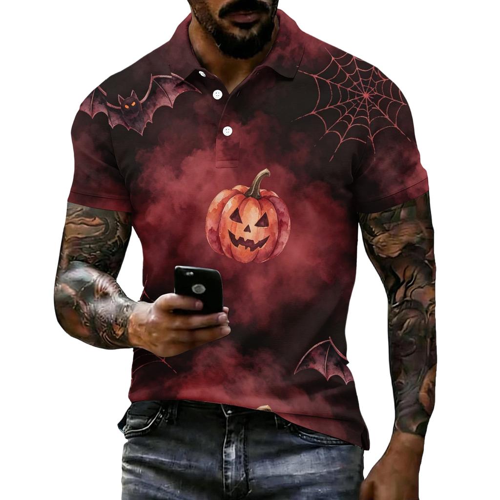 Herr Halloween Tryckt Kortärmad Pikétröja Lös Casual Sommar Dagligt Slitage Knäppt Krage Topp